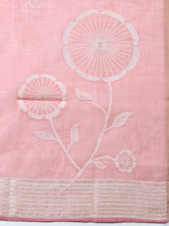 Pink Embroidered Chanderi Unstitched Suit &amp; Pant With Chanderi Dupatta