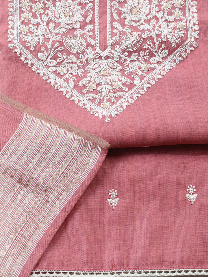 Pink Embroidered Chanderi Unstitched Suit &amp; Pant With Chanderi Dupatta