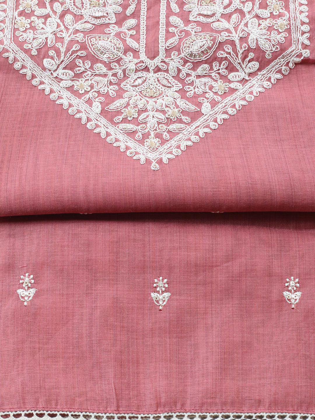 Pink Embroidered Chanderi Unstitched Suit &amp; Pant With Chanderi Dupatta