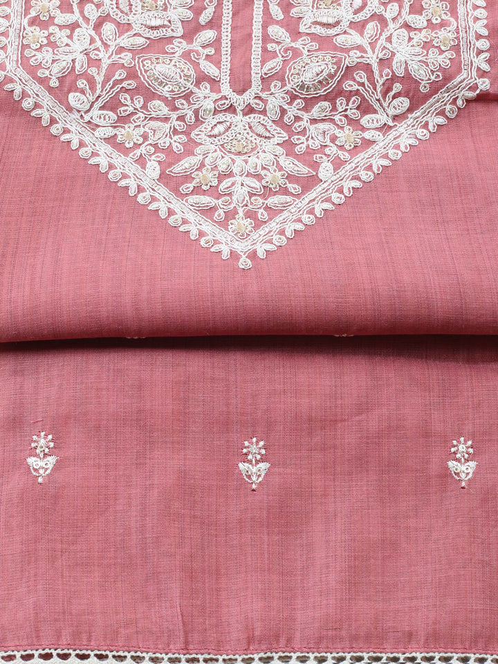 Pink Embroidered Chanderi Unstitched Suit &amp; Pant With Chanderi Dupatta