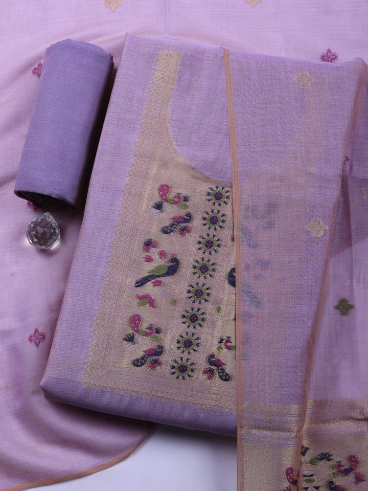 Lavender Printed Chanderi Unstitched Suit &amp; Pant With Chanderi Dupatta