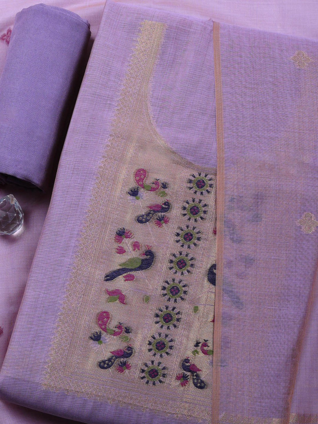 Lavender Printed Chanderi Unstitched Suit &amp; Pant With Chanderi Dupatta
