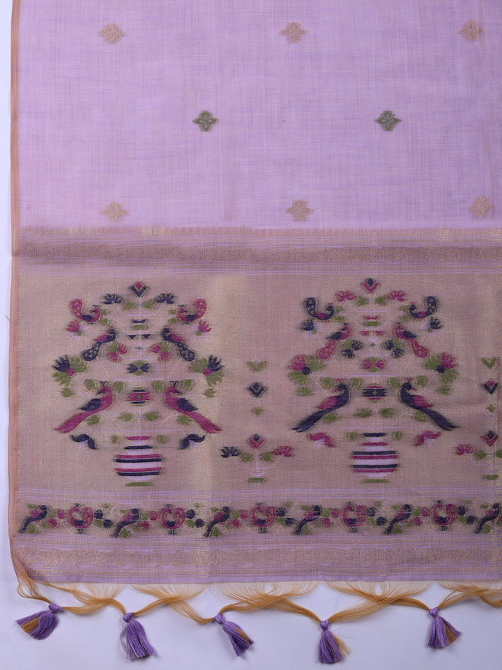 Lavender Printed Chanderi Unstitched Suit &amp; Pant With Chanderi Dupatta