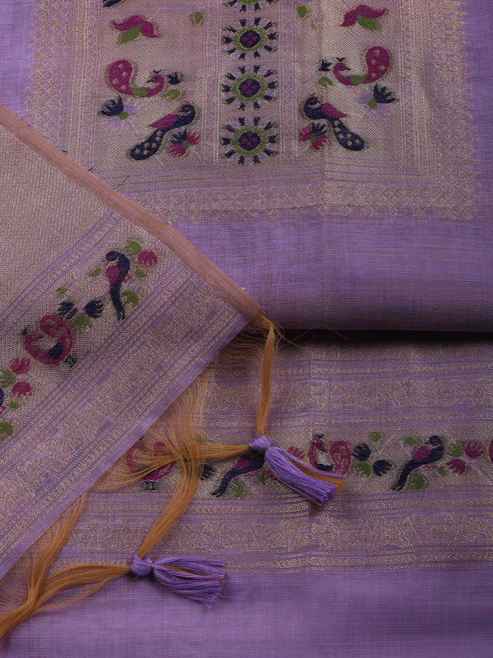 Lavender Printed Chanderi Unstitched Suit &amp; Pant With Chanderi Dupatta
