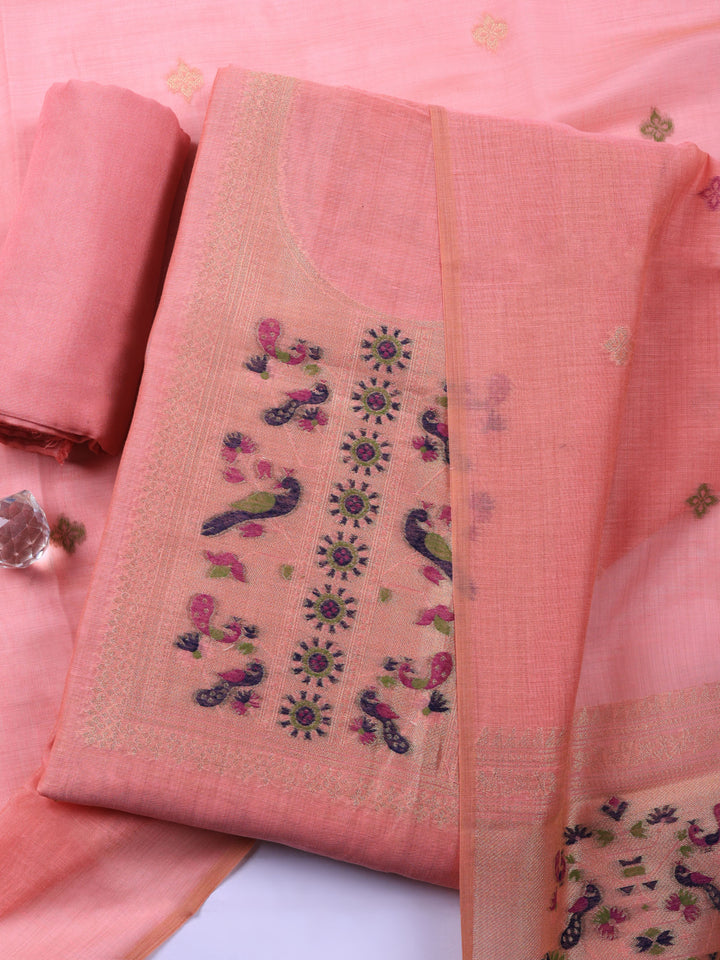 Pink Printed Chanderi Unstitched Suit &amp; Pant With Chanderi Dupatta