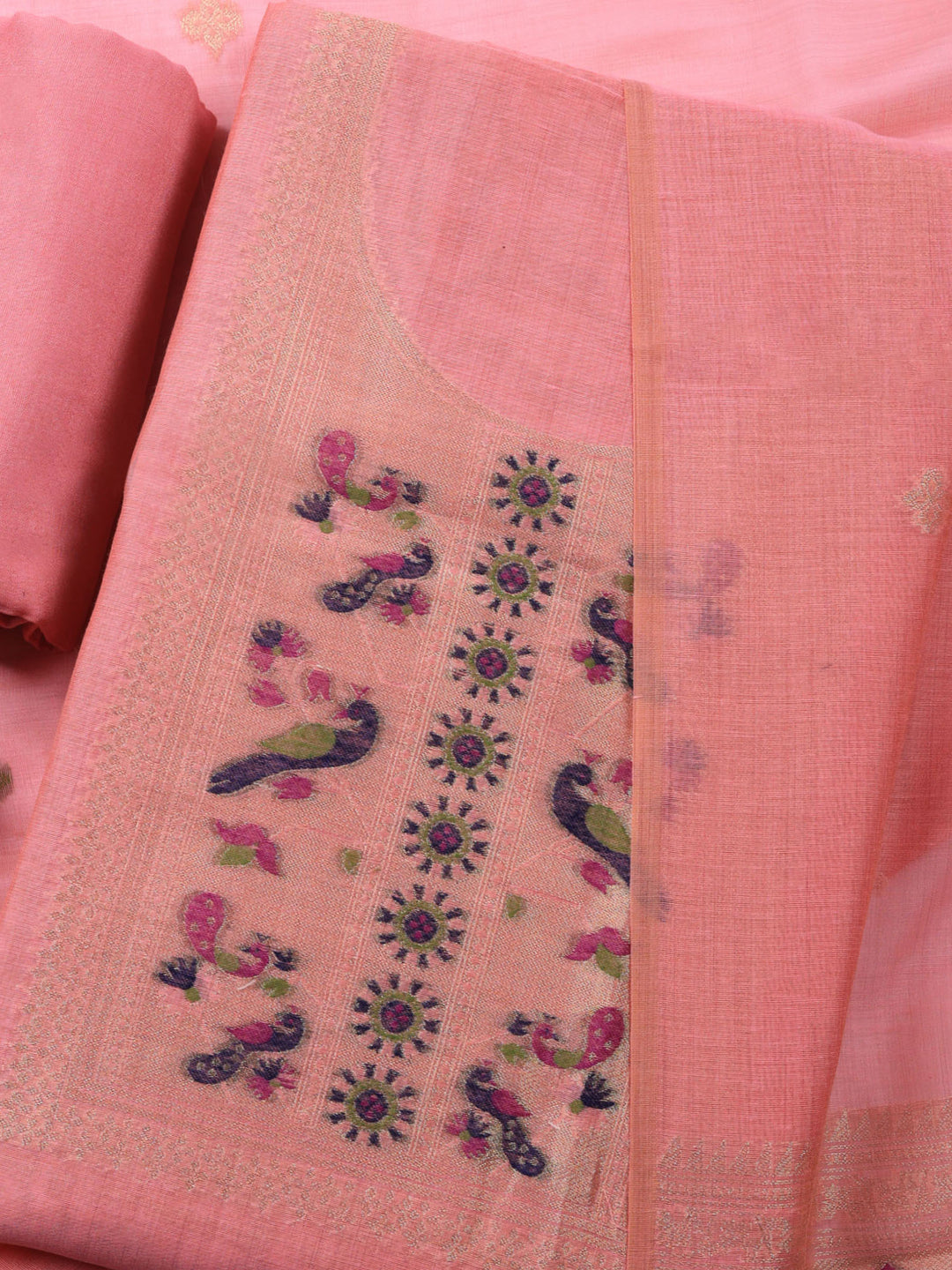 Pink Printed Chanderi Unstitched Suit &amp; Pant With Chanderi Dupatta