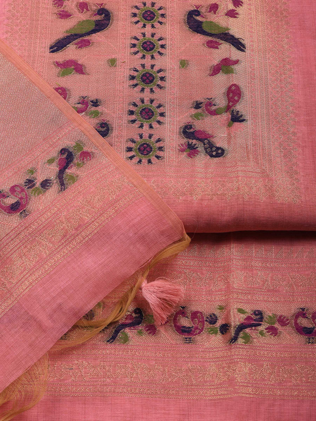 Pink Printed Chanderi Unstitched Suit &amp; Pant With Chanderi Dupatta
