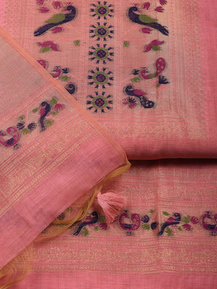 Pink Printed Chanderi Unstitched Suit &amp; Pant With Chanderi Dupatta