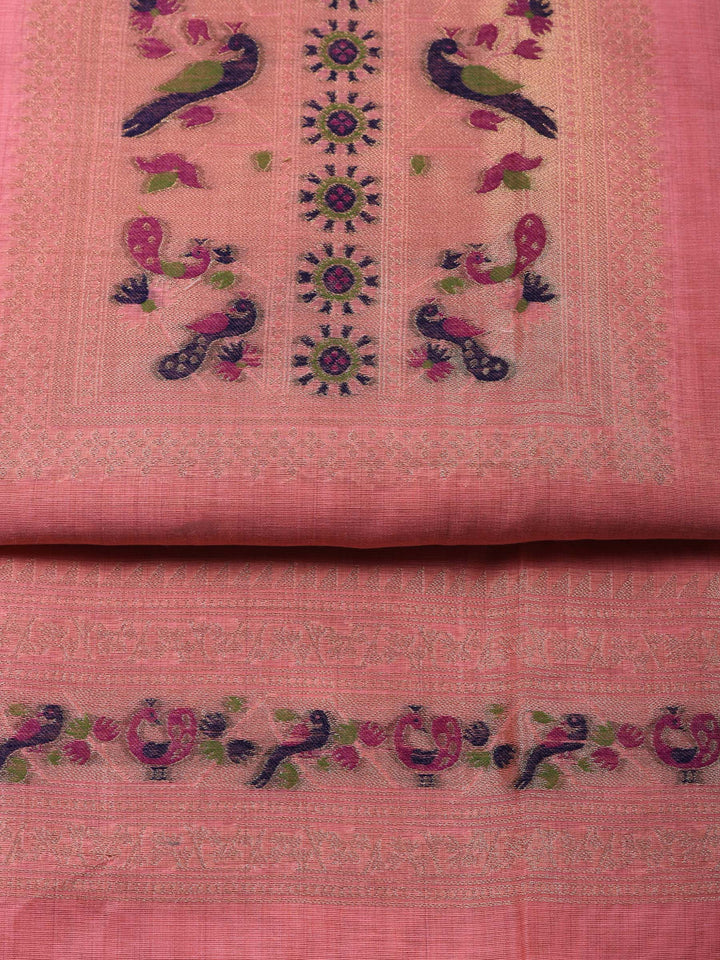 Pink Printed Chanderi Unstitched Suit &amp; Pant With Chanderi Dupatta