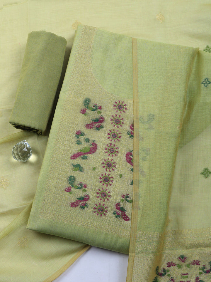 Pista Green Printed Chanderi Unstitched Suit &amp; Pant With Chanderi Dupatta