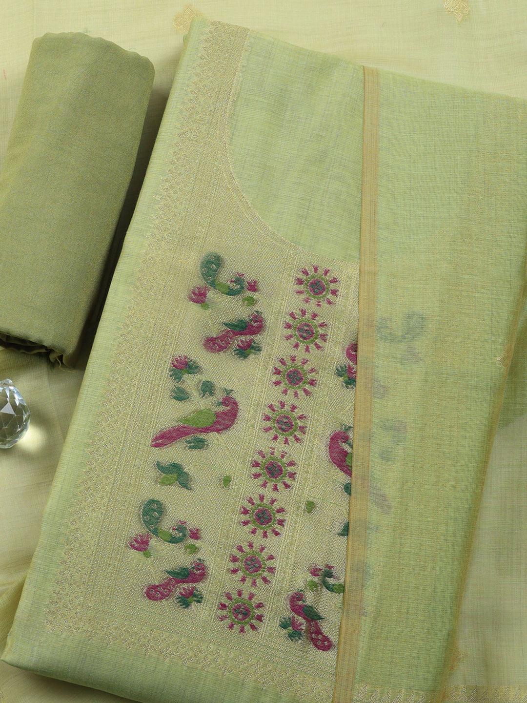 Pista Green Printed Chanderi Unstitched Suit &amp; Pant With Chanderi Dupatta