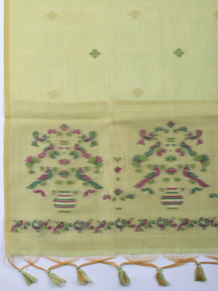 Pista Green Printed Chanderi Unstitched Suit &amp; Pant With Chanderi Dupatta