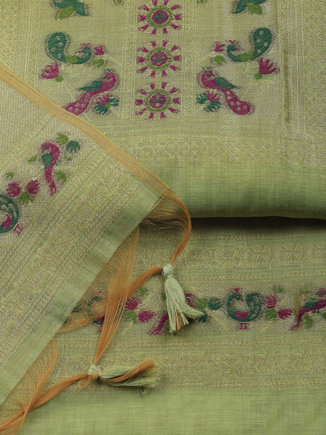 Pista Green Printed Chanderi Unstitched Suit &amp; Pant With Chanderi Dupatta