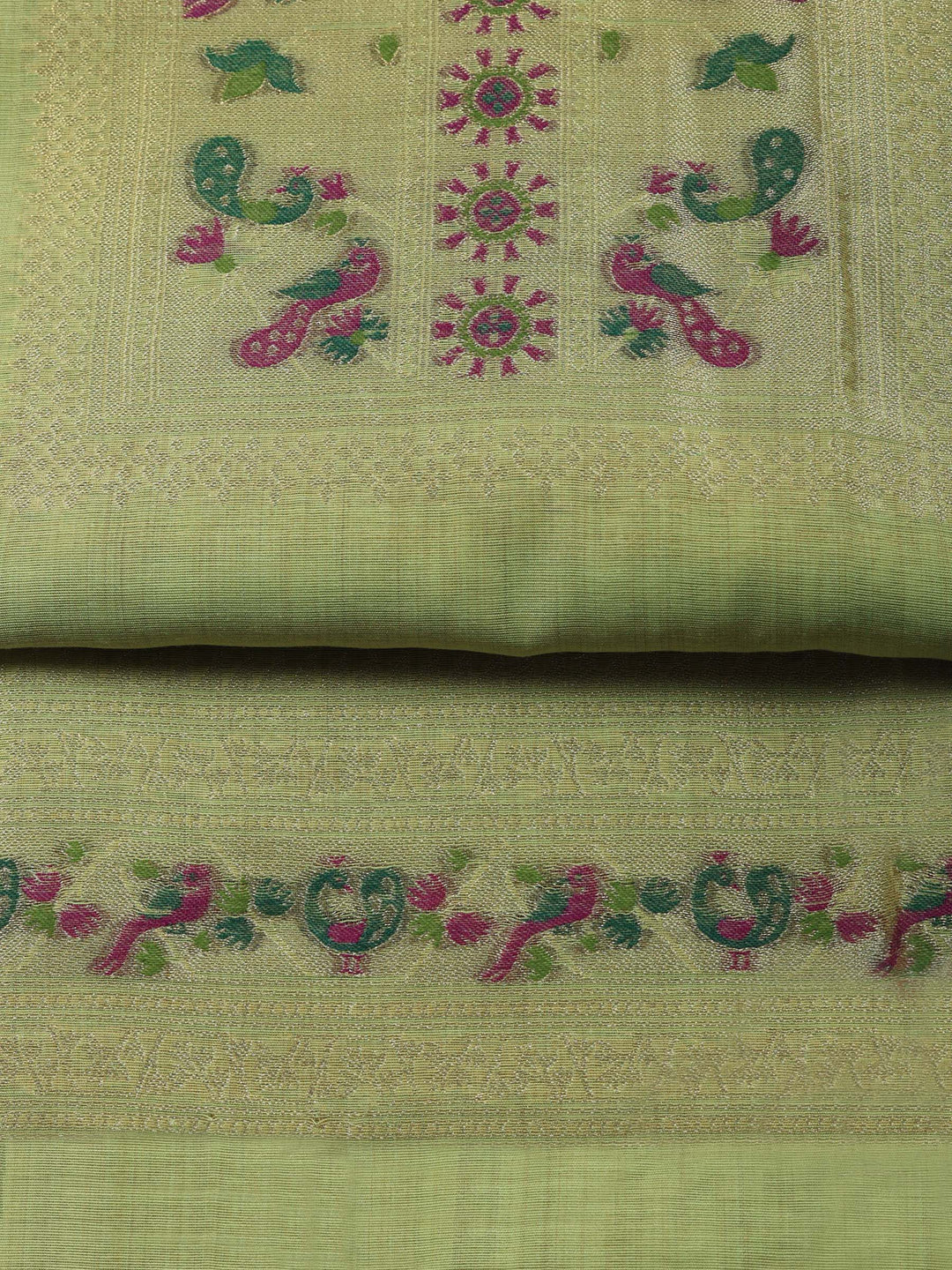 Pista Green Printed Chanderi Unstitched Suit &amp; Pant With Chanderi Dupatta