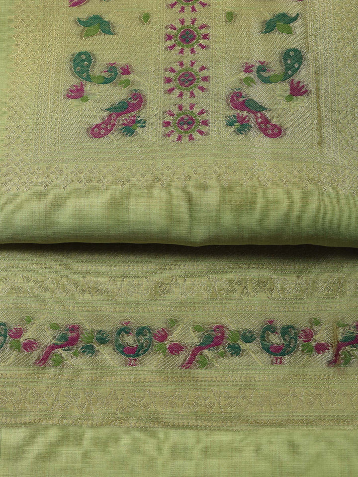 Pista Green Printed Chanderi Unstitched Suit &amp; Pant With Chanderi Dupatta