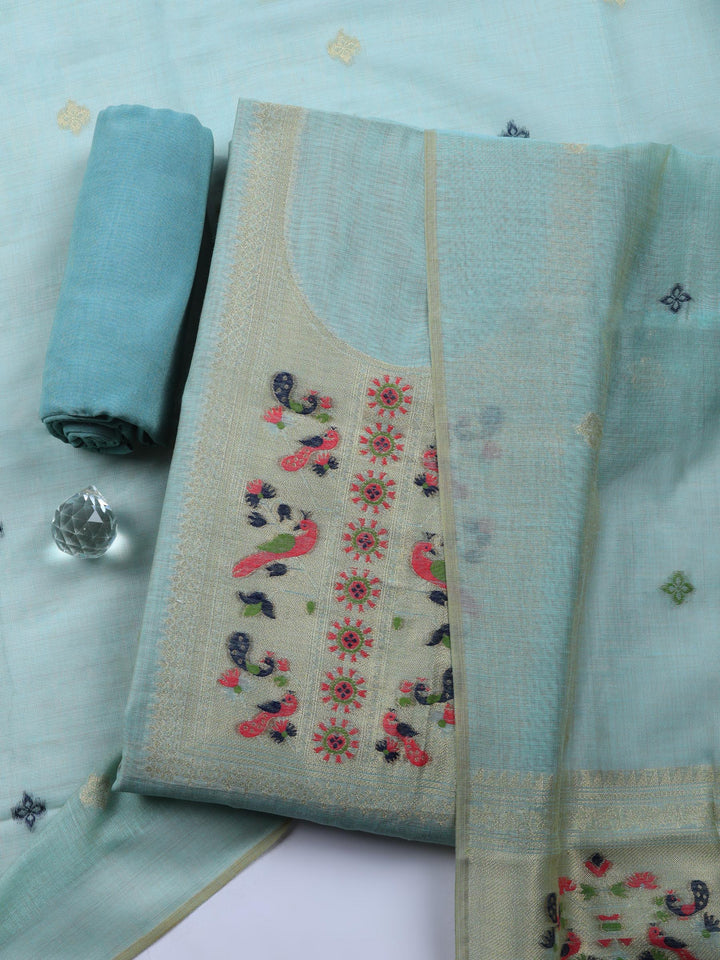 Sea Green Printed Chanderi Unstitched Suit &amp; Pant With Chanderi Dupatta