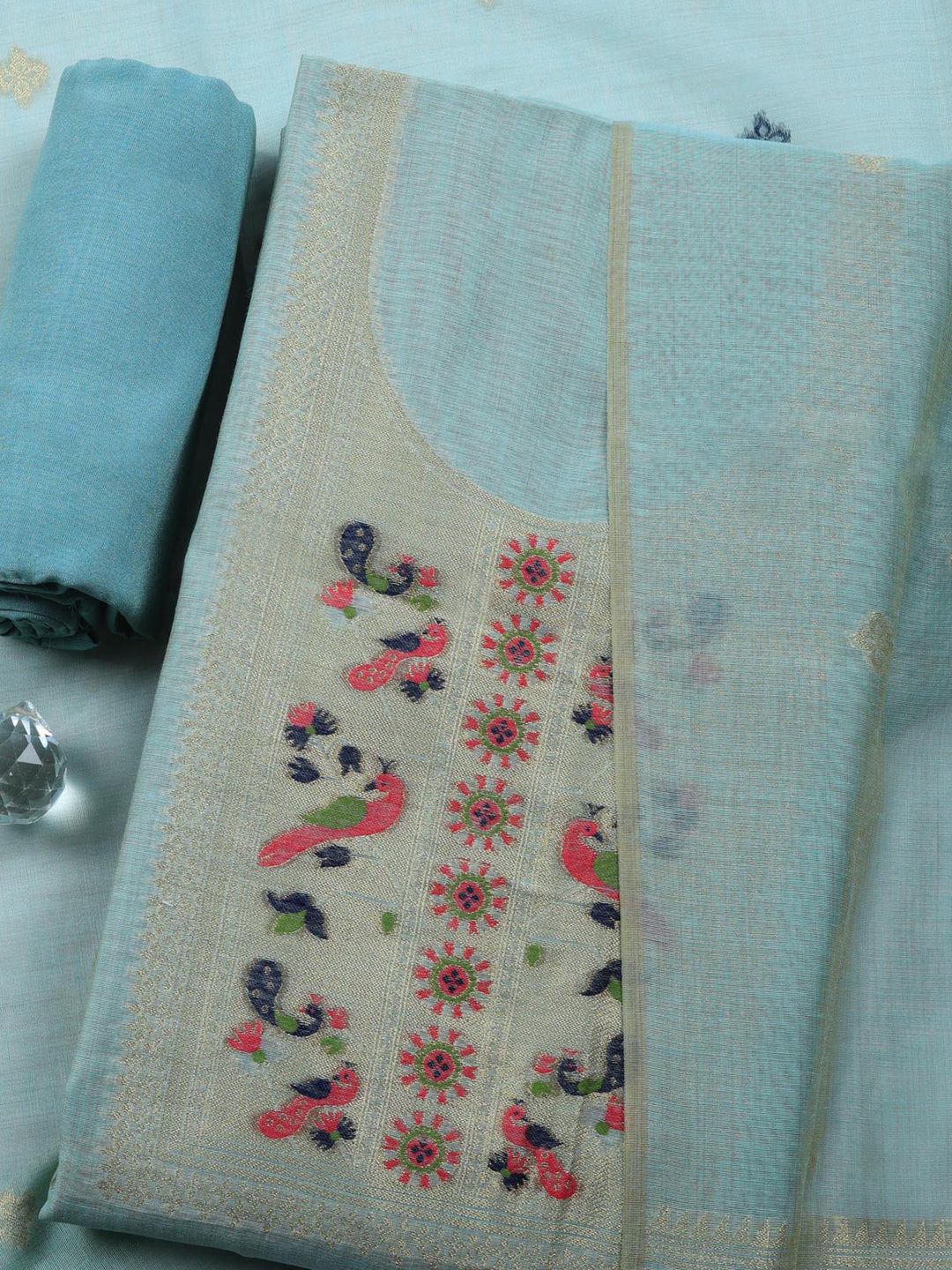 Sea Green Printed Chanderi Unstitched Suit &amp; Pant With Chanderi Dupatta