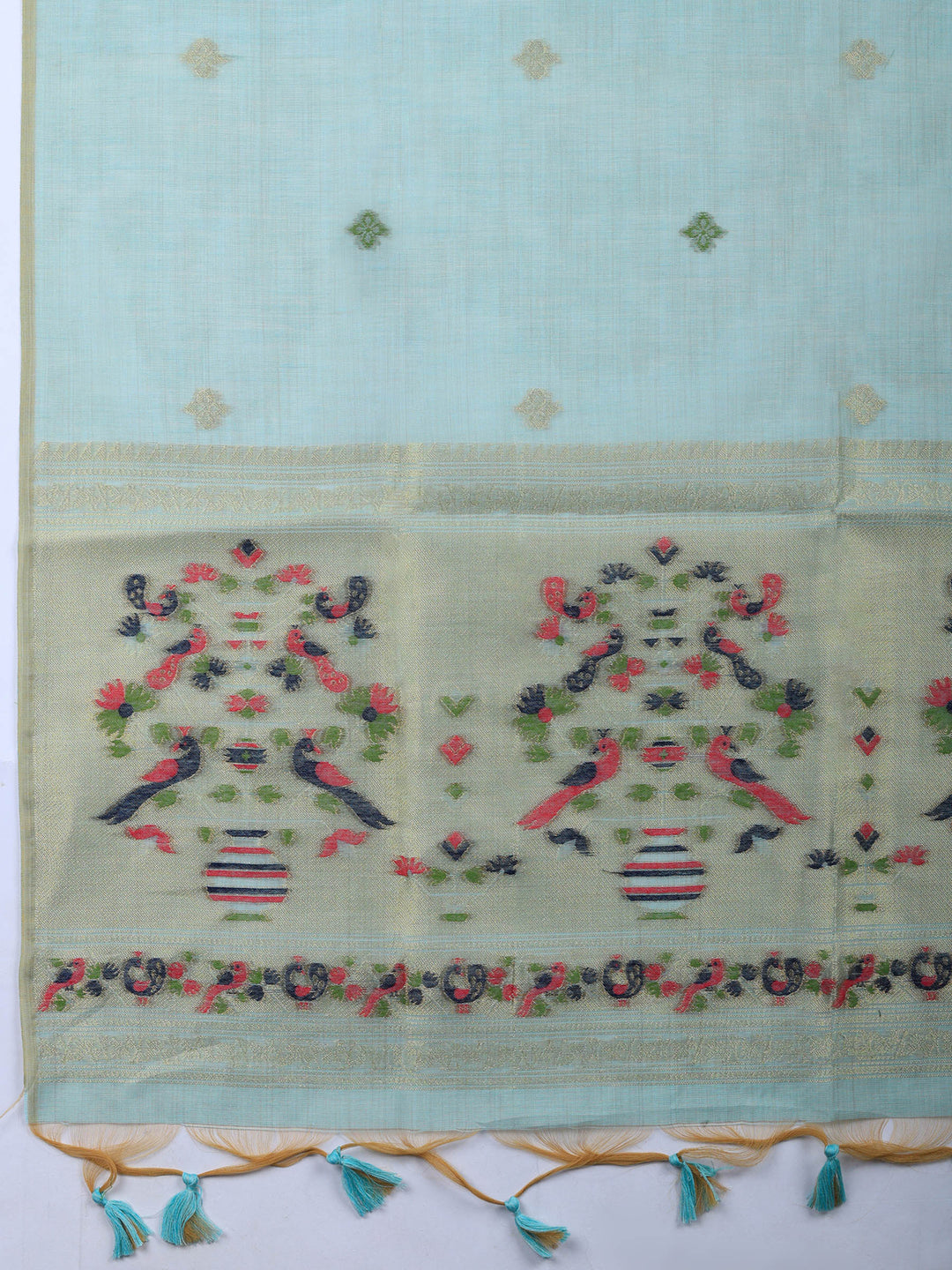 Sea Green Printed Chanderi Unstitched Suit &amp; Pant With Chanderi Dupatta