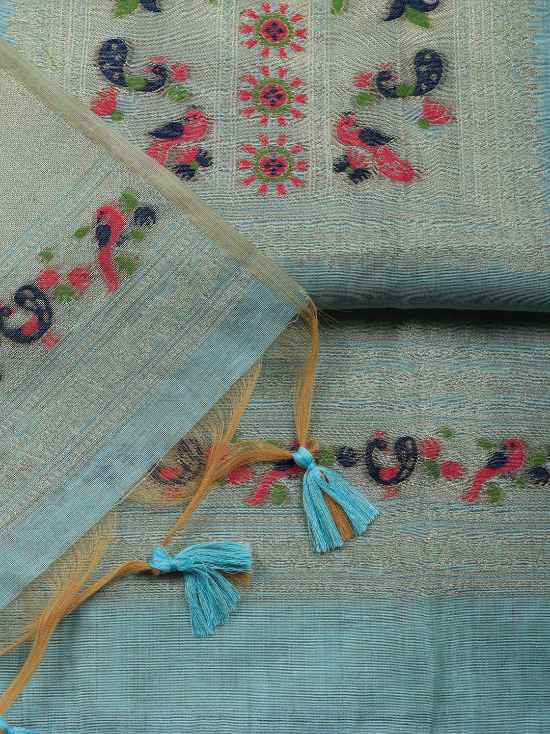 Sea Green Printed Chanderi Unstitched Suit &amp; Pant With Chanderi Dupatta
