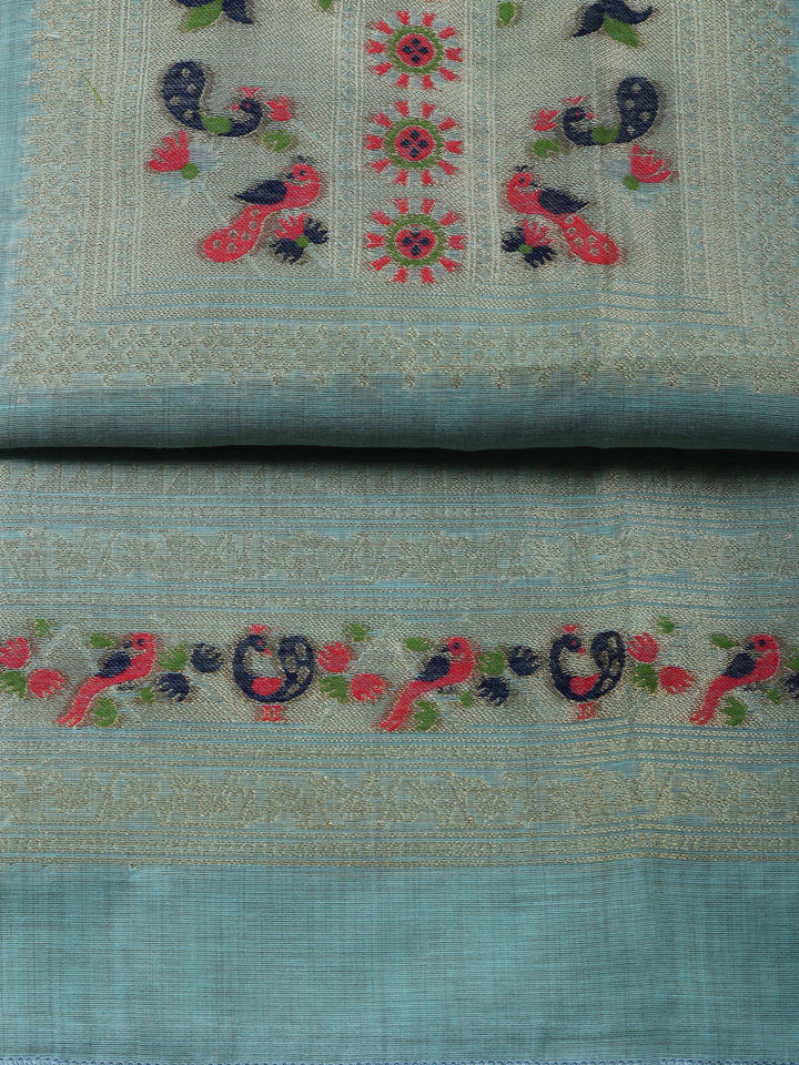 Sea Green Printed Chanderi Unstitched Suit &amp; Pant With Chanderi Dupatta