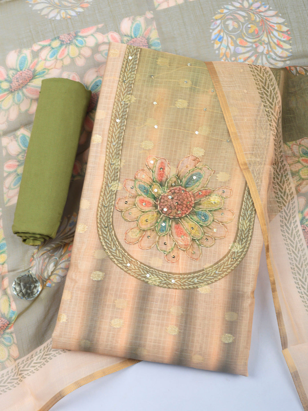 Green-Beige Printed Cotton Blend Unstitched Dress Material
