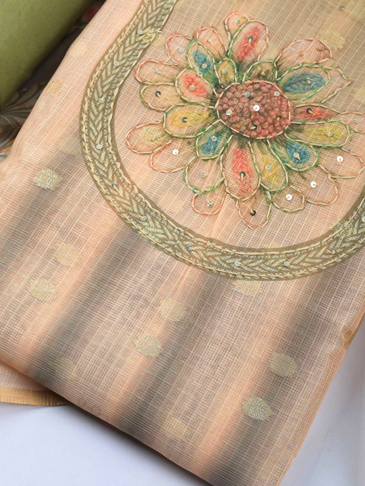 Green-Beige Printed Cotton Blend Unstitched Dress Material