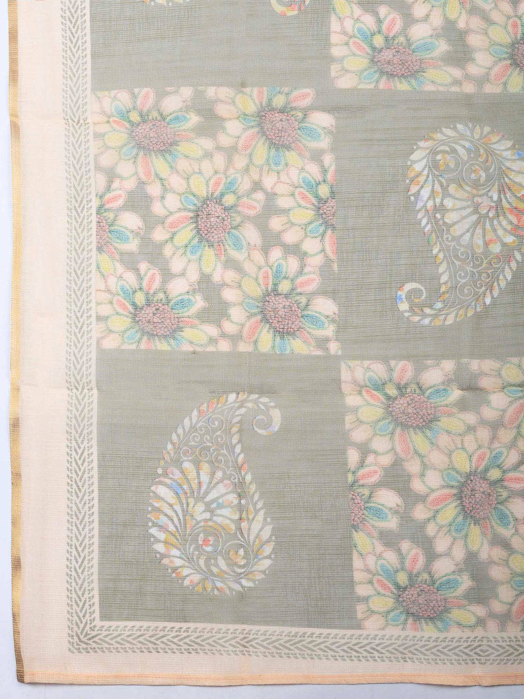 Green-Beige Printed Cotton Blend Unstitched Dress Material