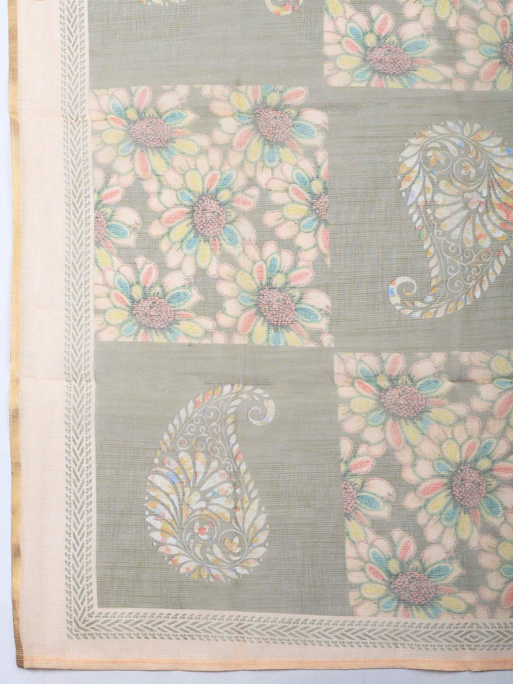 Green-Beige Printed Cotton Blend Unstitched Dress Material