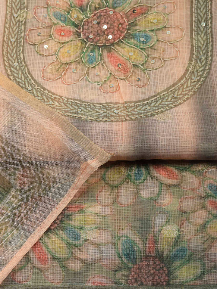 Green-Beige Printed Cotton Blend Unstitched Dress Material