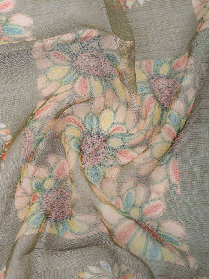 Green-Beige Printed Cotton Blend Unstitched Dress Material