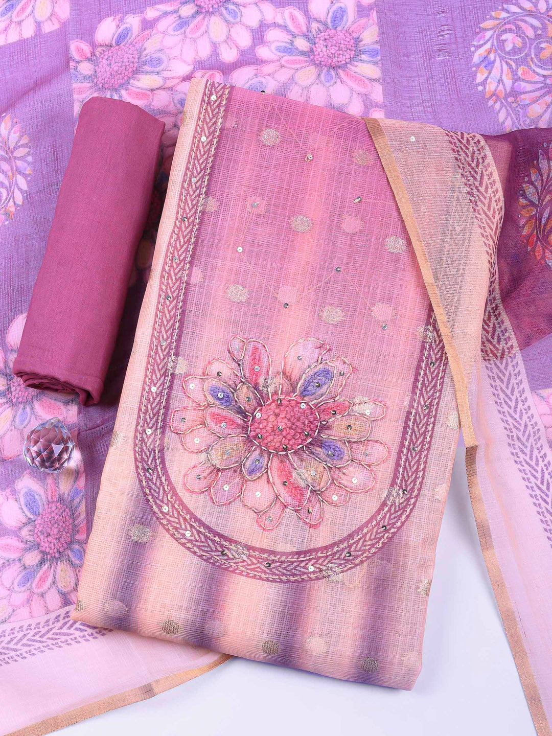 Lavender-Beige Printed Cotton Blend Unstitched Dress Material