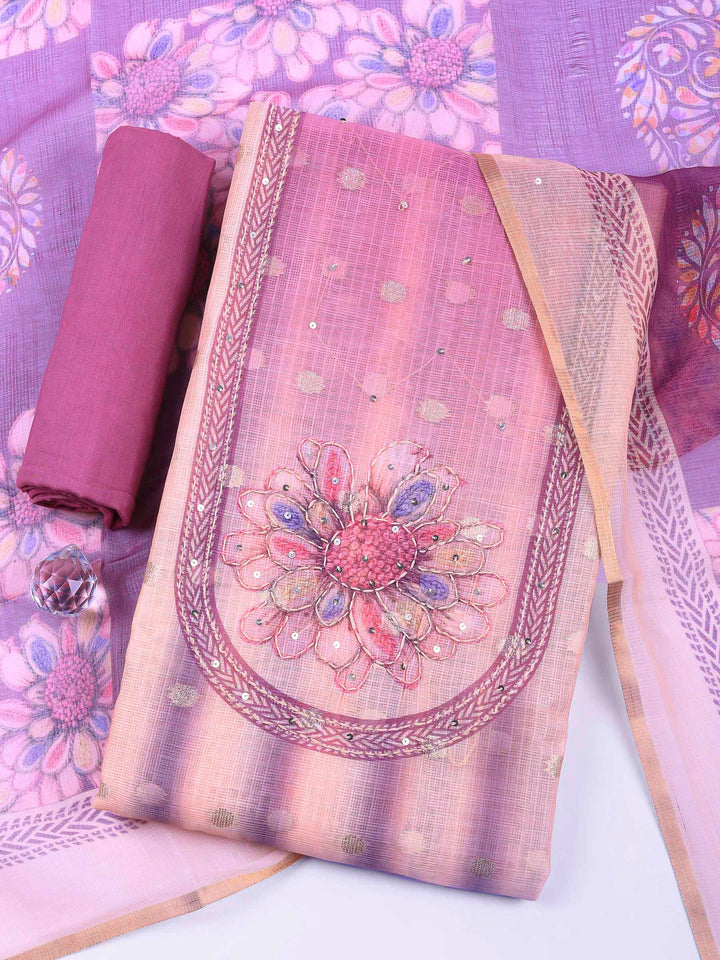 Lavender-Beige Printed Cotton Blend Unstitched Dress Material