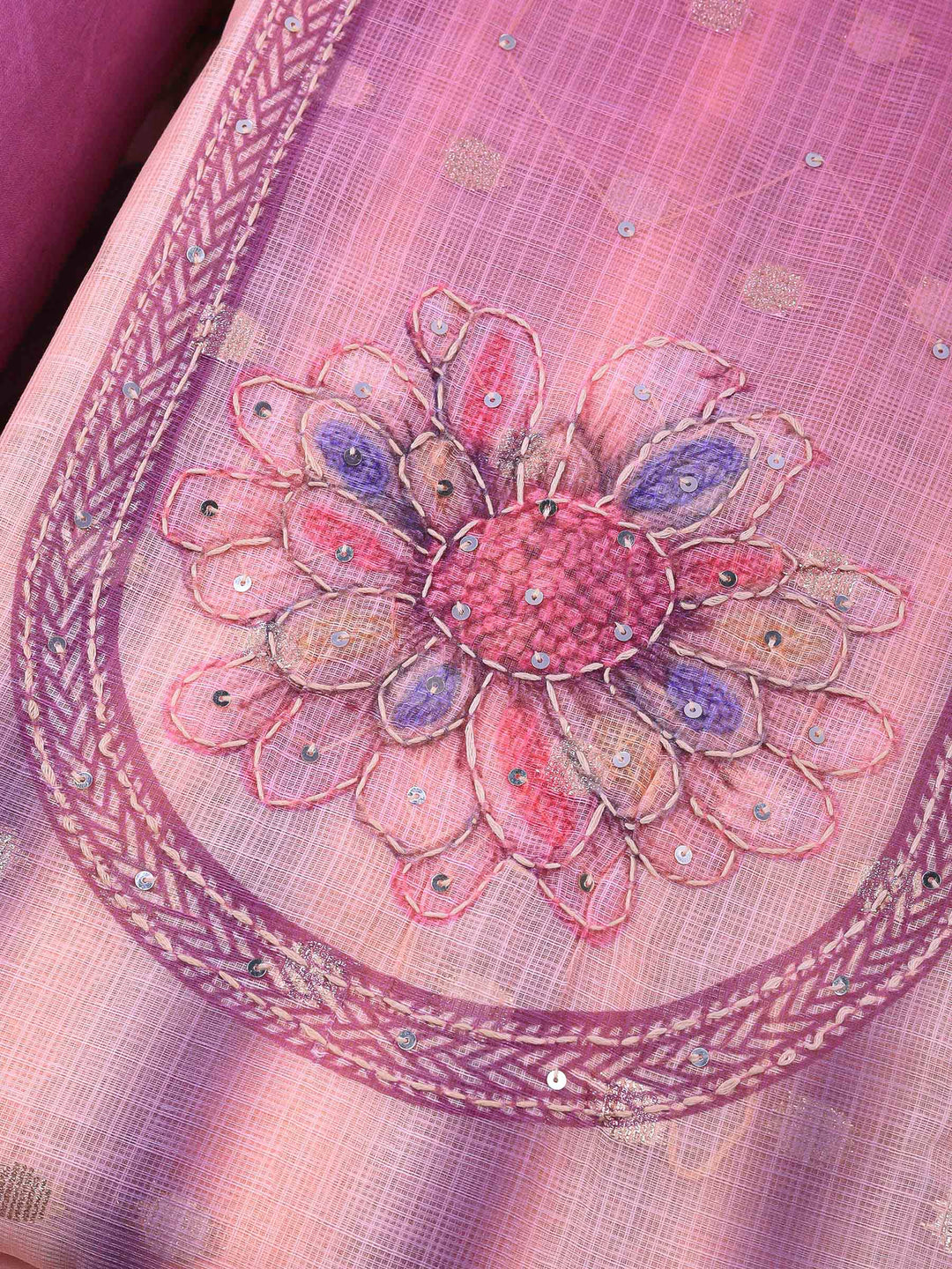 Lavender-Beige Printed Cotton Blend Unstitched Dress Material