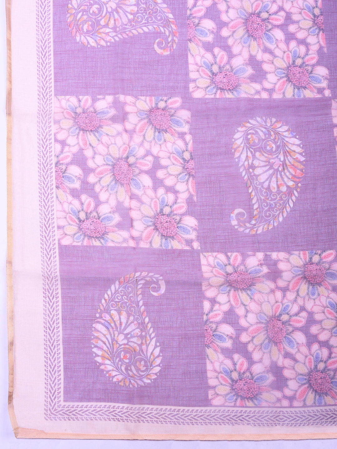 Lavender-Beige Printed Cotton Blend Unstitched Dress Material