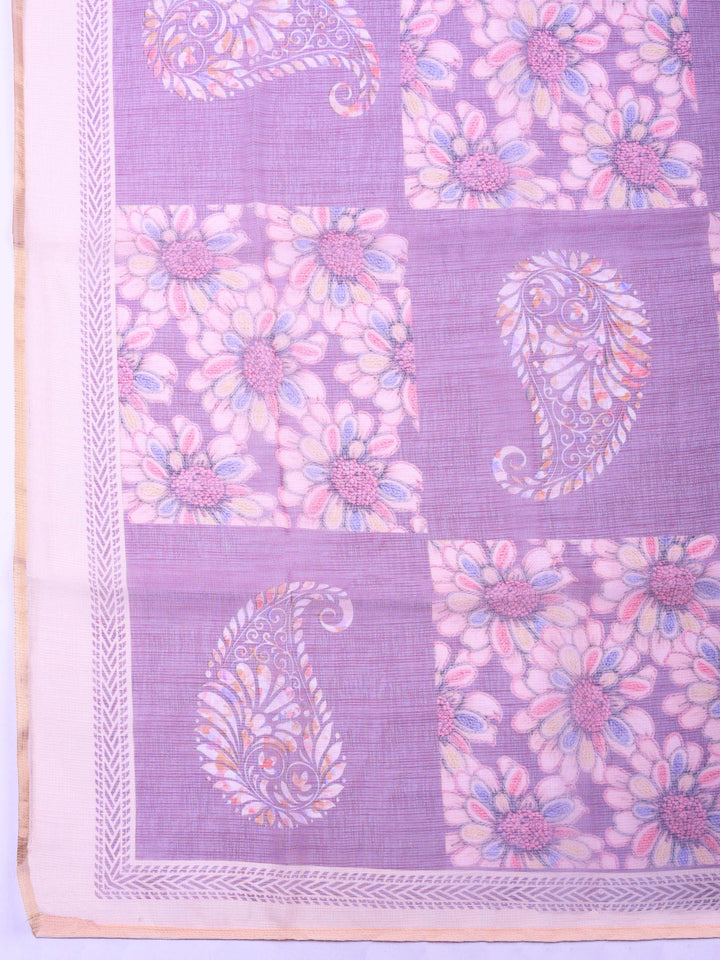 Lavender-Beige Printed Cotton Blend Unstitched Dress Material