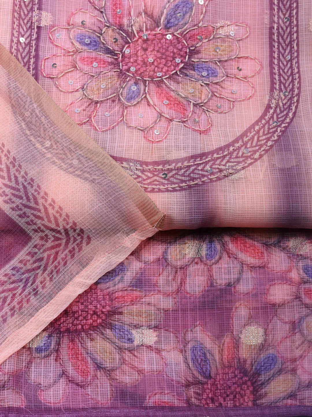 Lavender-Beige Printed Cotton Blend Unstitched Dress Material
