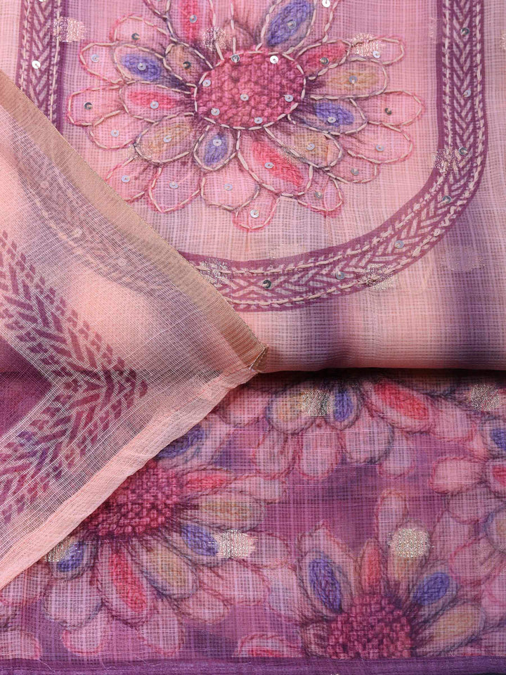 Lavender-Beige Printed Cotton Blend Unstitched Dress Material
