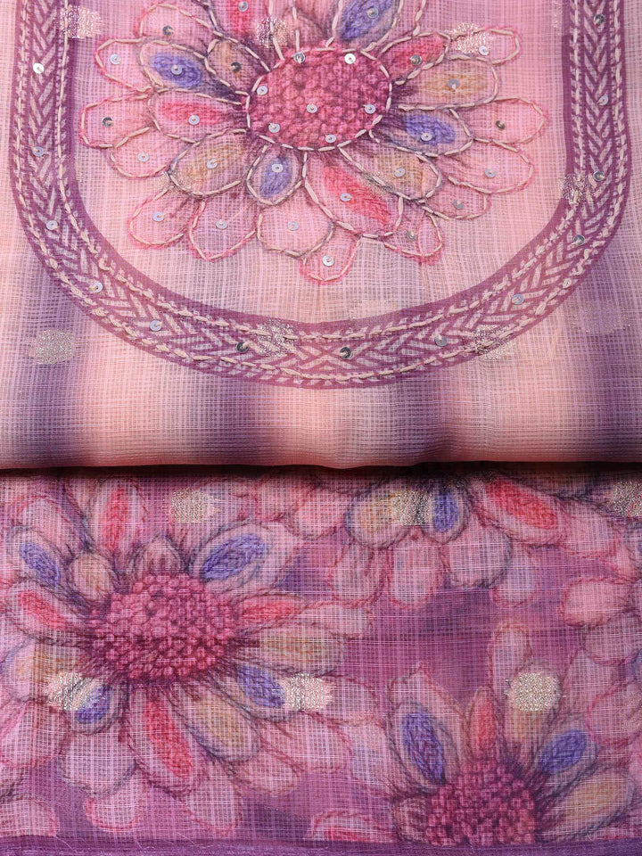 Lavender-Beige Printed Cotton Blend Unstitched Dress Material