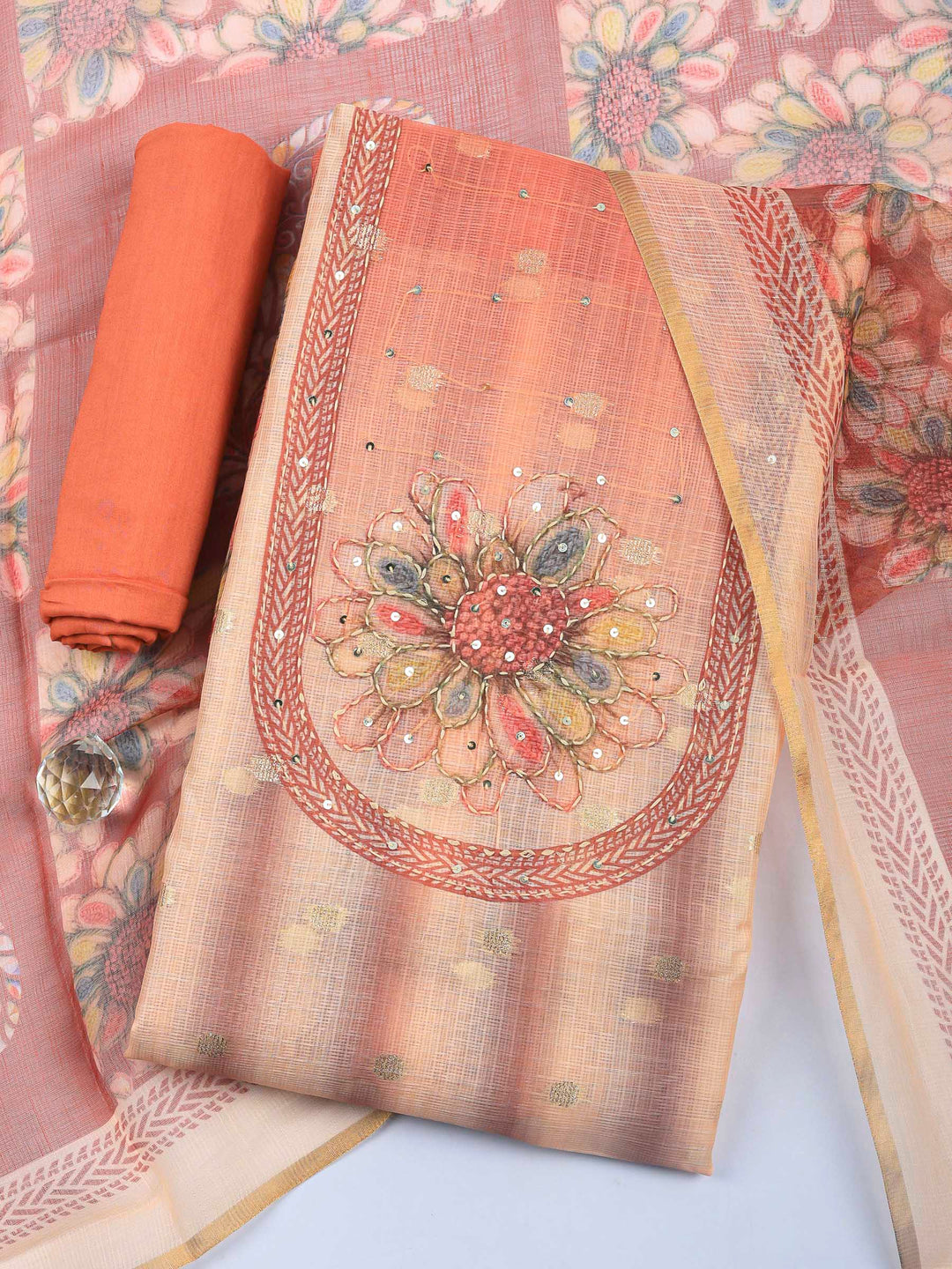 Rust-Beige Printed Cotton Blend Unstitched Dress Material