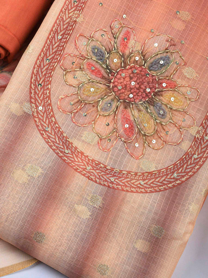 Rust-Beige Printed Cotton Blend Unstitched Dress Material