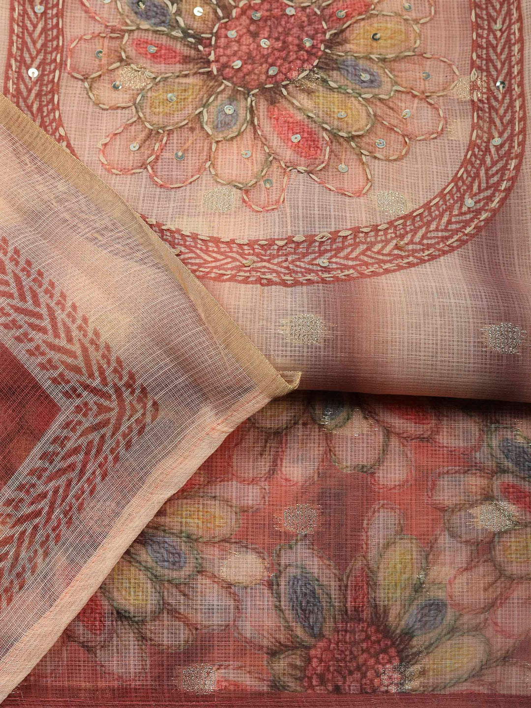 Rust-Beige Printed Cotton Blend Unstitched Dress Material