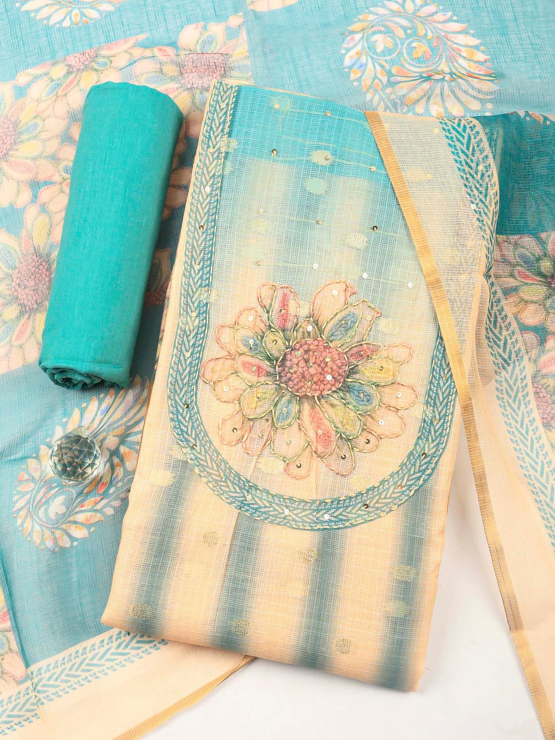 Sea Green-Beige Printed Cotton Blend Unstitched Dress Material