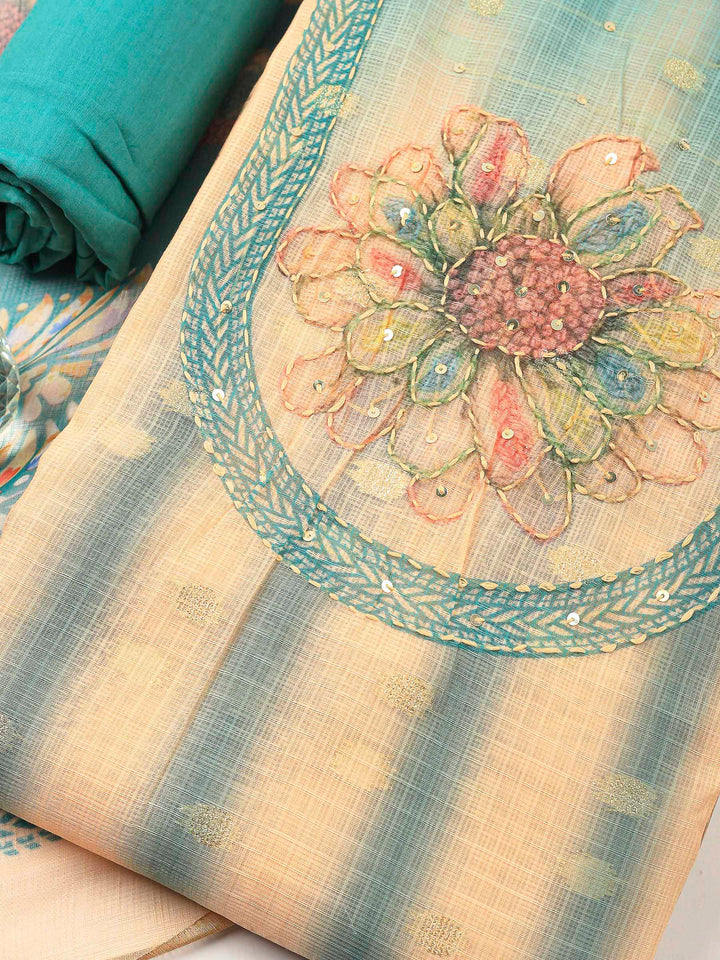 Sea Green-Beige Printed Cotton Blend Unstitched Dress Material