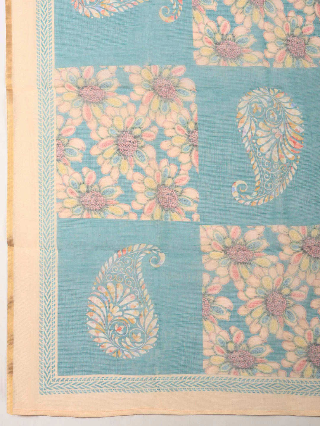 Sea Green-Beige Printed Cotton Blend Unstitched Dress Material