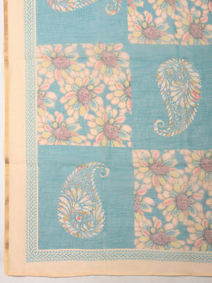 Sea Green-Beige Printed Cotton Blend Unstitched Dress Material