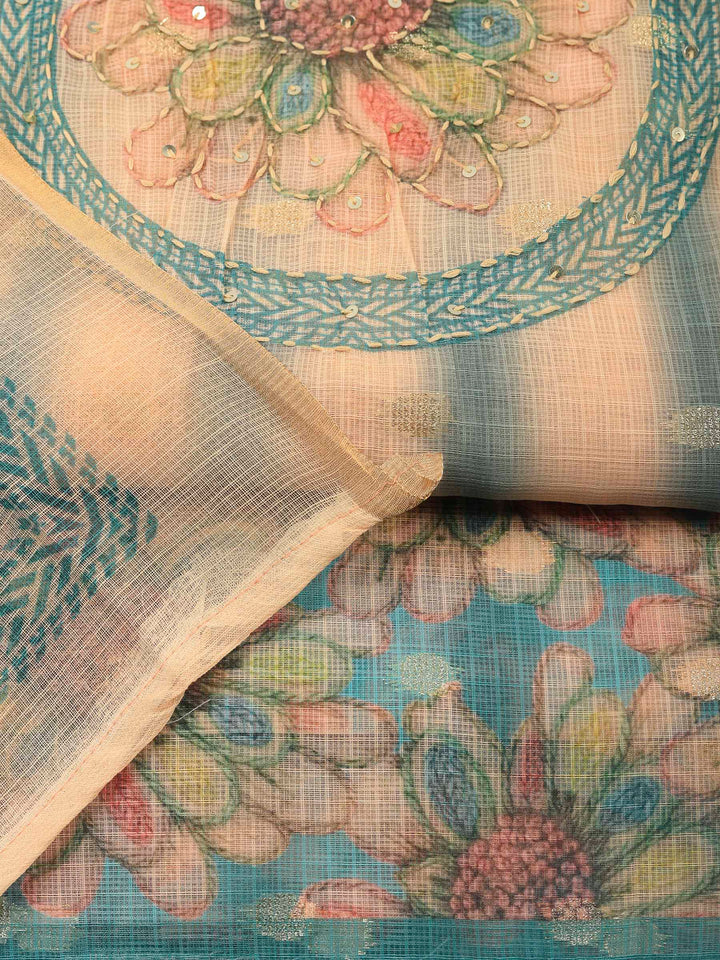 Sea Green-Beige Printed Cotton Blend Unstitched Dress Material