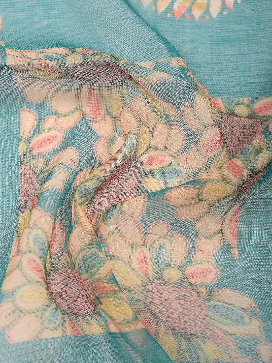Sea Green-Beige Printed Cotton Blend Unstitched Dress Material