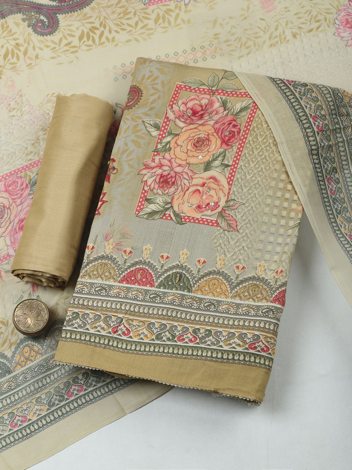 Beige Printed Cotton Blend Unstitched Dress Material