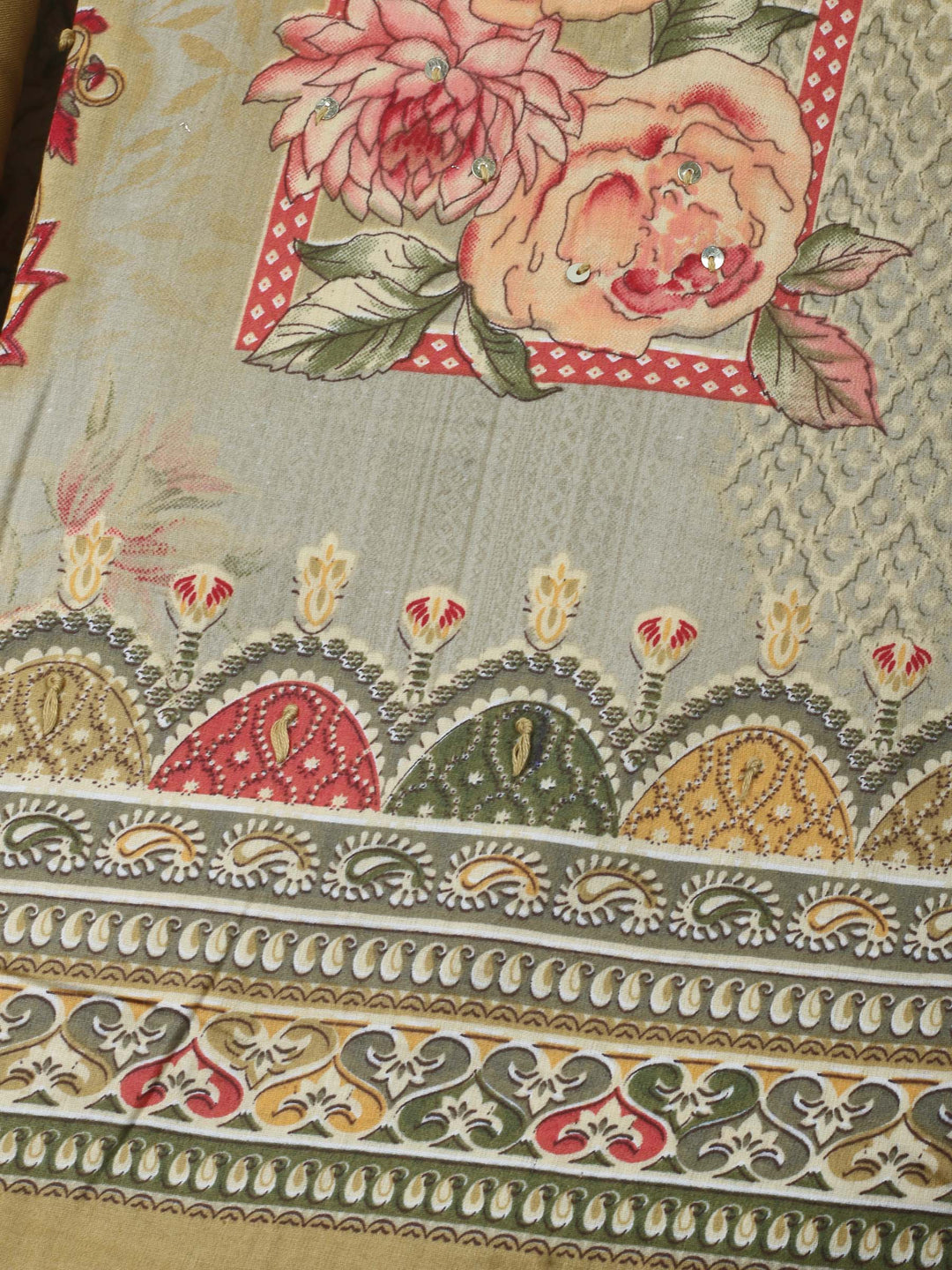 Beige Printed Cotton Blend Unstitched Dress Material