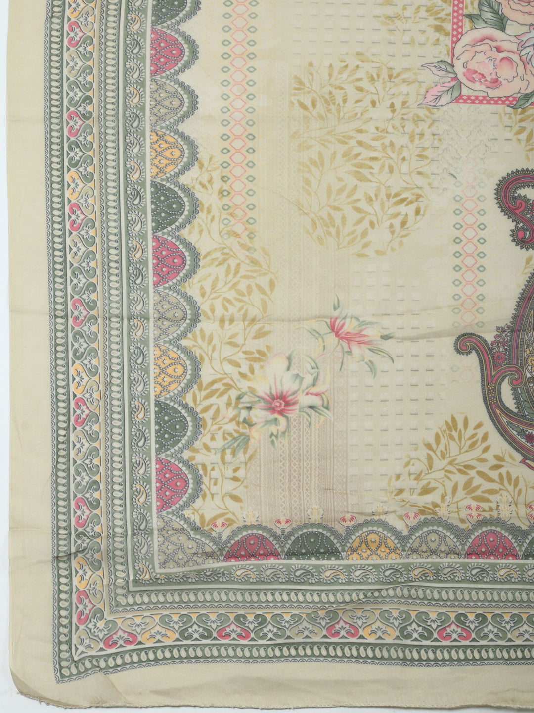 Beige Printed Cotton Blend Unstitched Dress Material